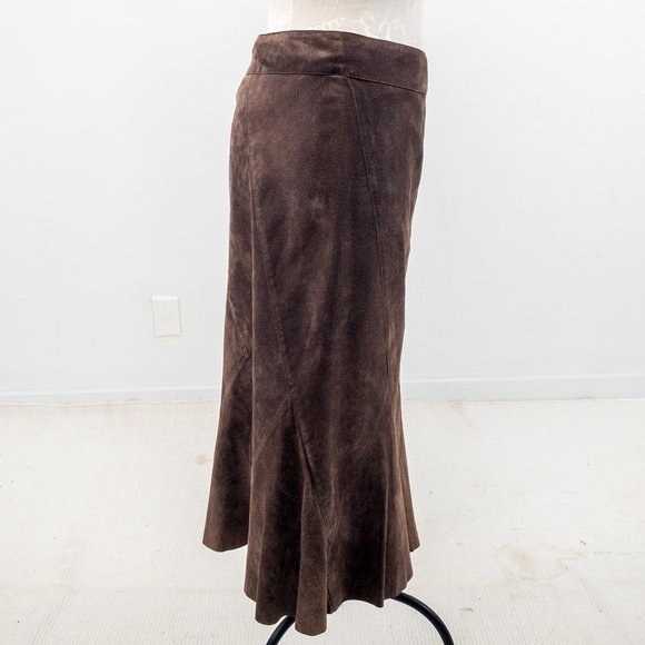 Vintage 90s M Suede Boho Midi Leather Skirt Brown - Picture 3 of 9